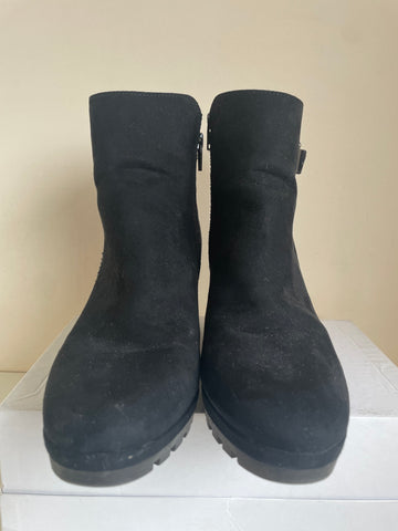 MARKS & SPENCER BLACK SUEDE BUCKLE TRIM WEDGE HEEL ANKLE BOOTS SIZE 6.5/39.5