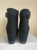 MARKS & SPENCER BLACK SUEDE BUCKLE TRIM WEDGE HEEL ANKLE BOOTS SIZE 6.5/39.5