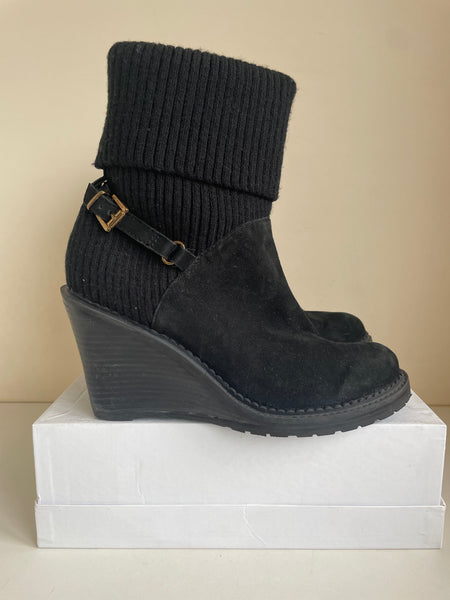 LK BENNETT BLACK SUEDE RIB KNIT TOP WEDGE HEEL ANKLE BOOTS SIZE 6.5/39.5