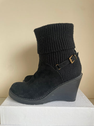 LK BENNETT BLACK SUEDE RIB KNIT TOP WEDGE HEEL ANKLE BOOTS SIZE 6.5/39.5