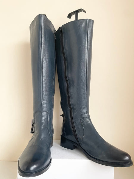 MODA IN PELLE PETROL BLUE  LEATHER LACE UP REAR BUCKLE TRIM KNEE LENGTH BOOTS SIZE 6/39