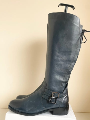 MODA IN PELLE PETROL BLUE  LEATHER LACE UP REAR BUCKLE TRIM KNEE LENGTH BOOTS SIZE 6/39