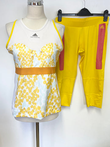 STELLA McCARTNEY FOR ADIDAS WHITE & YELLOW VEST TOP & CROPPED LEGGINGS SET SIZE 16/M