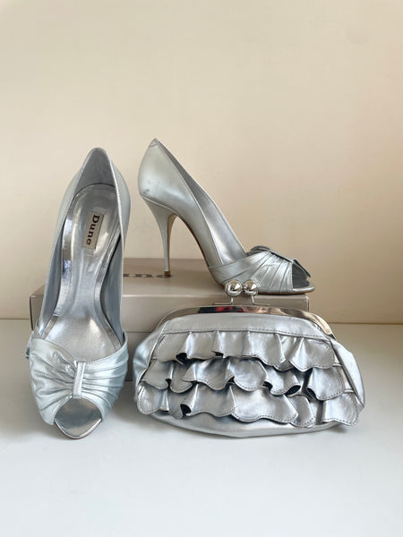 DUNE SILVER LEATHER PEEPTOE HEELS & MATCHING CLUTCH SHOULDER BAG SIZE 7.5/41