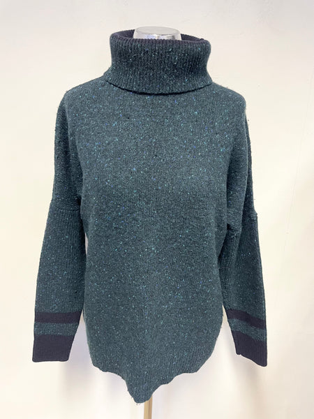 JIGSAW BOTTLE GREEN FLECK & NAVY TRIM POLO NECK LONG SLEEVED JUMPER  SIZE M