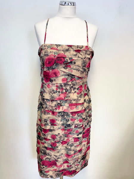 PHASE EIGHT BEIGE & RED FLORAL PRINT STRAPY TIERED LAYERED PENCIL DRESS SIZE 14