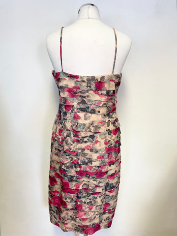 PHASE EIGHT BEIGE & RED FLORAL PRINT STRAPY TIERED LAYERED PENCIL DRESS SIZE 14