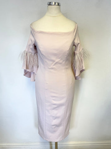 COAST BLUSH PINK OFF THE SHOULDER FEATHER TRIM BELL SLEEVE PENCIL DRESS SIZE 8