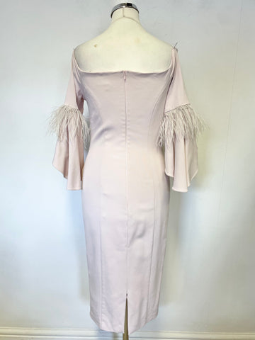 COAST BLUSH PINK OFF THE SHOULDER FEATHER TRIM BELL SLEEVE PENCIL DRESS SIZE 8