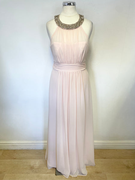 PHASE EIGHT PINK CHIFFON SILVER BEADED NECKLINE LONG OCCASION DRESS SIZE 8