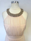 PHASE EIGHT PINK CHIFFON SILVER BEADED NECKLINE LONG OCCASION DRESS SIZE 8