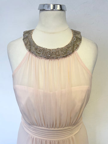 PHASE EIGHT PINK CHIFFON SILVER BEADED NECKLINE LONG OCCASION DRESS SIZE 8