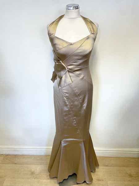 KAREN MILLEN GOLD SATIN BOW TRIM HALTER NECK FISHTAIL EVENING DRESS SIZE 10