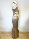 KAREN MILLEN GOLD SATIN BOW TRIM HALTER NECK FISHTAIL EVENING DRESS SIZE 10