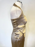 KAREN MILLEN GOLD SATIN BOW TRIM HALTER NECK FISHTAIL EVENING DRESS SIZE 10