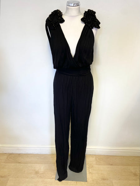 FRENCH CONNECTION BLACK JERSEY BEADED TRIM SHOULDER SLEEVELESS JUMPSUIT SIZE 14