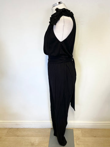 FRENCH CONNECTION BLACK JERSEY BEADED TRIM SHOULDER SLEEVELESS JUMPSUIT SIZE 6