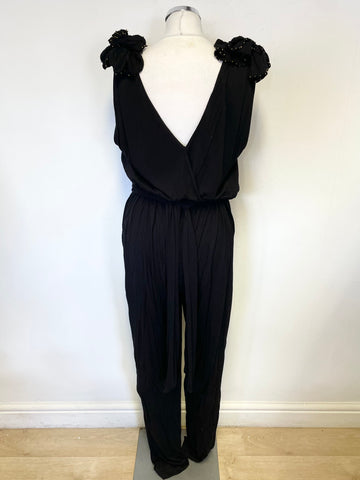 FRENCH CONNECTION BLACK JERSEY BEADED TRIM SHOULDER SLEEVELESS JUMPSUIT SIZE 14