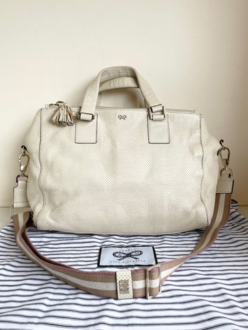 VINTAGE ANYA HINDMARCH CREAM LEATHER PERFORATED LARGE TOTE / SHOULDER