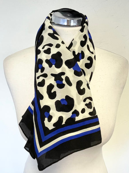 SANDRO 100% SILK BLUE,BLACK & IVORY PRINT SQUARE SCARF