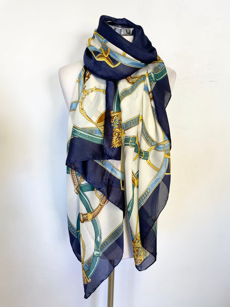 BRAND NEW DESIGN FASHION 100% SILK NAVY,GREEN,GOLD & IVORY LONG SCARF