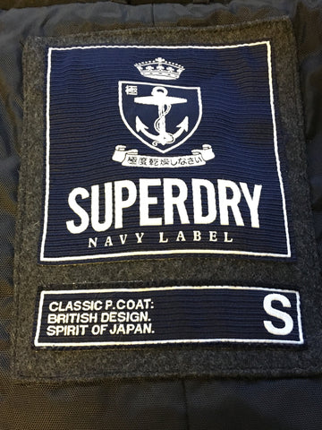 SUPERDRY NAVY LABEL DARK GREY WOOL BLEND CLASSIC P COAT SIZE S