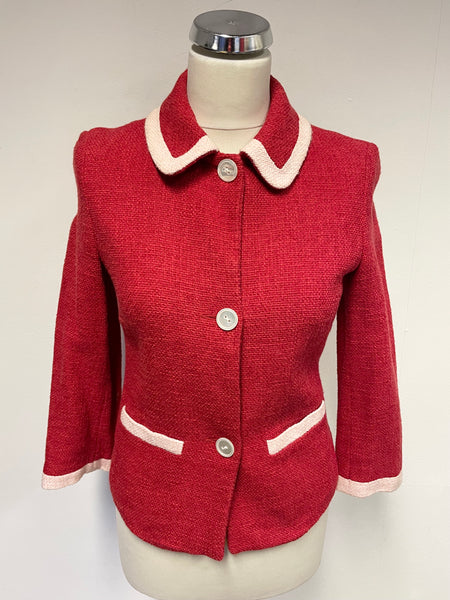 LK BENNETT RED & BLUSH TRIM COLLARED FITTED JACKET SIZE 10