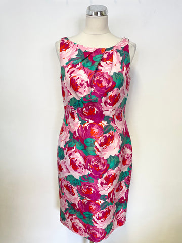 LK BENNETT PINK & GREEN FLORAL PRINT SILK BLEND PENCIL DRESS SIZE 12