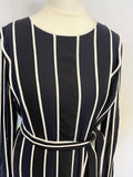 BRAND NEW HOBBS NAVY BLUE & WHITE STRIPE TRIM BELTED LONG SLEEVE DRESS SIZE 12