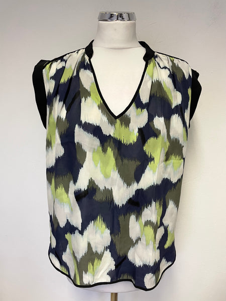 WHISTLES BLUE,IVORY & GREEN PRINT SLEEVELESS 100% SILK TOP SIZE 8