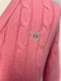 GANT PINK CABLE KNIT V NECKLINE COTTON LONG SLEEVED JUMPER SIZE S