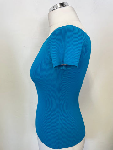 KAREN MILLEN TURQUOISE RIB KNIT BOAT NECKLINE CAP SLEEVE TOP SIZE M