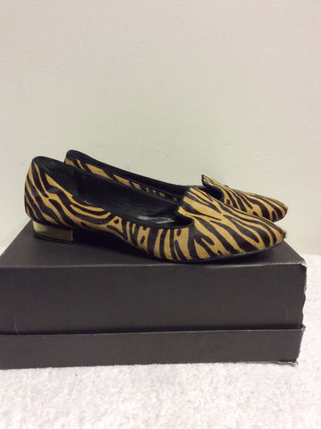 SCHUTZ DARK BROWN & CAMEL ZEBRA PRINT PONYSKIN FLATS SIZE 5/38