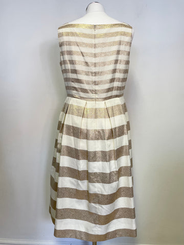 LK BENNETT CARA IVORY & GOLD METALLIC STRIPE FIT & FLARE SPECIAL OCCASION DRESS SIZE 14