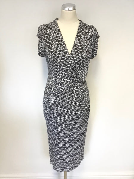 MARKS & SPENCER AUTOGRAPH NAVY PRINT CAP SLEEVE STRETCH PENCIL DRESS SIZE 12