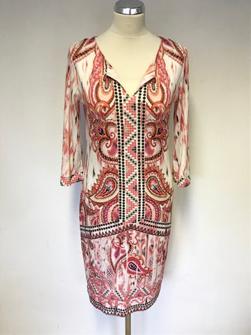 SPORTALM PINK & WHITE PRINT 3/4 SLEEVE STRETCH JERSEY DRESS SIZE 10