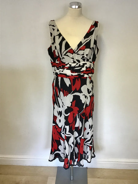 JAEGER BLACK,RED & WHITE FLORAL PRINT SILK SPECIAL OCCASION DRESS SIZE 16