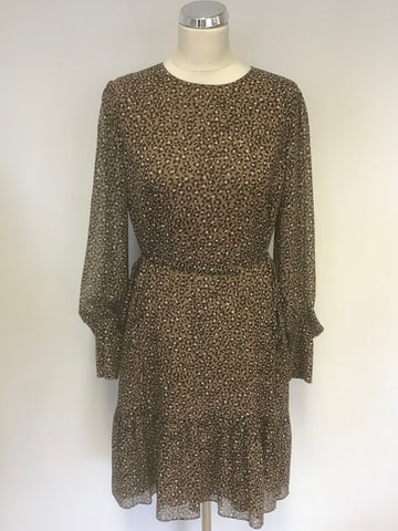 LK BENNETT DAKOTA BROWN ANIMAL PRINT LONG SLEEVE CHIFFON DRESS SIZE 14