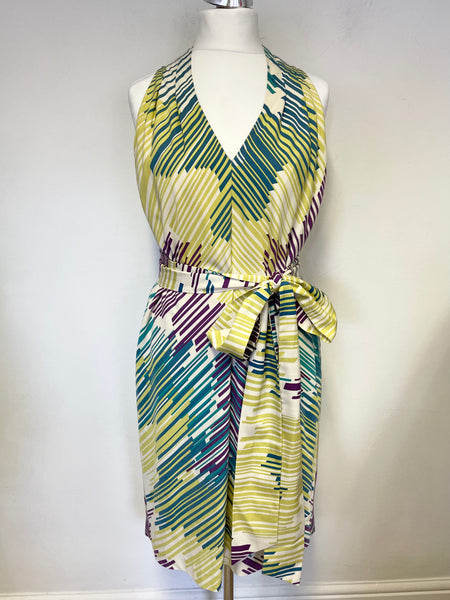 JAEGER MULTI COLOURED PRINT SLEEVELESS SASH BELTED SHIFT DRESS SIZE 16