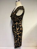 PHASE EIGHT BLACK & CAMEL PRINT COWL NECKLINE PENCIL DRESS SIZE 12