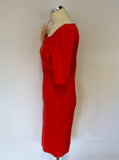 LK BENNETT FREDA CORAL RED SHORT SLEEVE DRESS SIZE 12 WITH ADDED CORSAGE