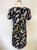 HOBBS NW3 NAVY BLUE FEATHER PRINT SILK SHORT SLEEVE SHIFT DRESS SIZE 8