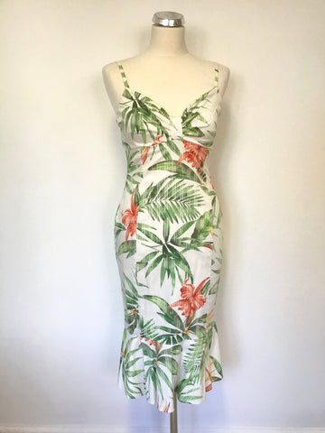 KAREN MILLEN WHITE, ORANGE & GREEN TROPICAL PRINT STRAPPY PENCIL DRESS SIZE 10/12