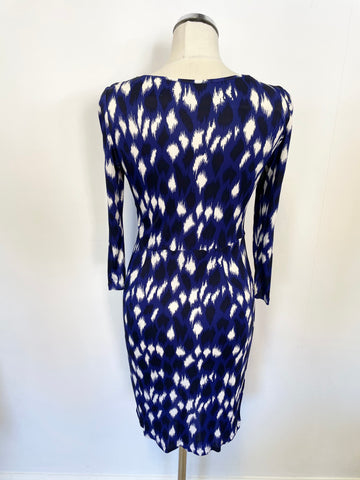 LK BENNETT SARAH ROYAL BLUE & WHITE PRINT 3/4 SLEEVE STRETCH JERSEY DRESS SIZE 10