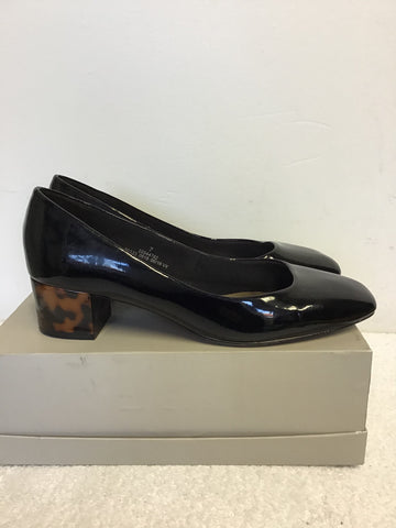 MARKS & SPENCER BLACK PATENT WITH TORTOISE SHELL HEELS SIZE 7/40