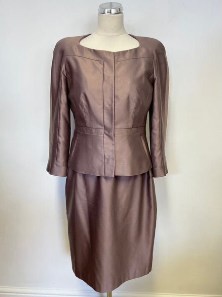 LK BENNETT BRONZE SILK & COTTON BLEND BELTED PENCIL DRESS & JACKET SUIT SIZE 12