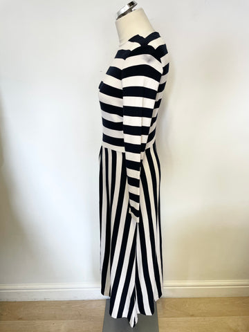 LK BENNETT MARIA NAVY & CREAM BOLD STRIPE JERSEY LONG SLEEVE MIDI DRESS SIZE 12