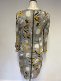 WHISTLES GREY,BLACK & ORANGE PRINT 3/4 SLEEVE SILK PENCIL DRESS SIZE 10