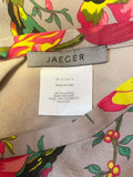 JAEGER GREY & MULTI COLOURED FLORAL PRINT 100% SILK LONG SKIRT SIZE 14