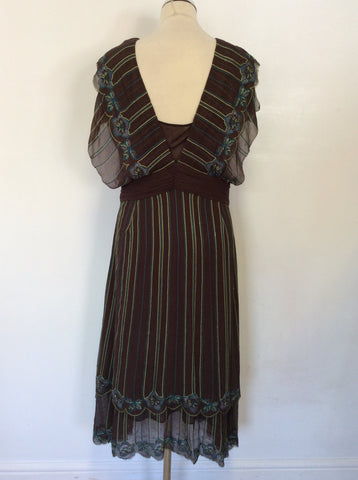 KAREN MILLEN BROWN SILK EMBROIDERED DRESS SIZE 14